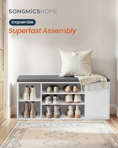 SONGMICS HOME Storage Bench, Snapsemble Superfast Assembly, 41" Wide Entryway Shoe Cubby Bench with Cushion & Adjustable Shelves, Window Shoe Rack Cabinet, Snow White and Slate Gray ULHS391WE02S - color: Snow White + Slate Gray, style: 12"D x 40.9"W x 18.
