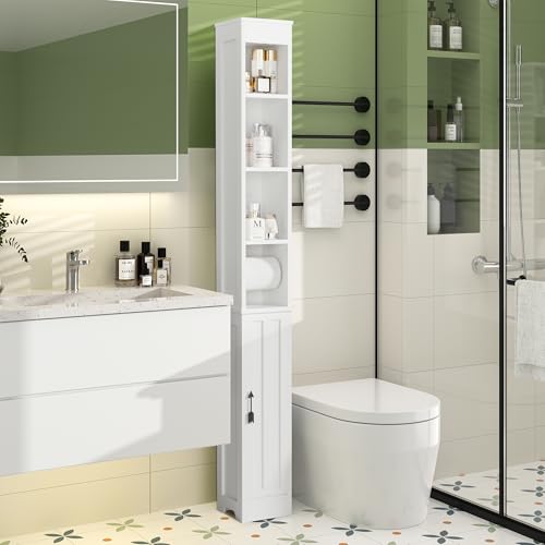 VECELO Narrow Bathroom Storage Cabinet with 3 Adjustable Shelves, 71" Tall Freestanding Cabinet with Toilet Paper Holder, Slim Tower Cabinet with Magnetic Door, for Small Spaces, White - color: Shelf Top