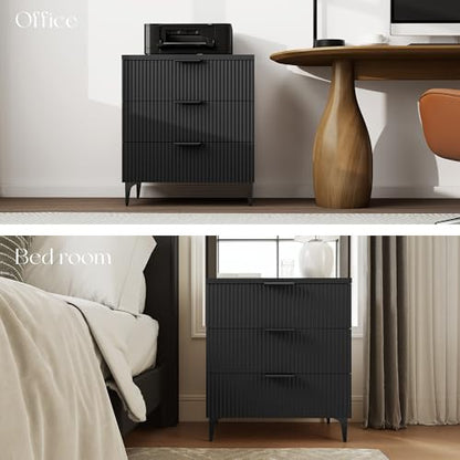 25.6" W Black Fluted Nightstand with 3 Drawer, Modern Wood Night Stands | Bedside Table for Bedroom King/Queen Bed, End Table with Robot-friendly Legs for Living Room,Entry - color: 3 Drawers-1pcs-black