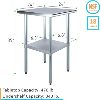 24" x 24" Stainless Steel Prep Table – NSF Certified Heavy Duty Work Table for Home & Commercial Use – Galvanized Undershelf & Legs - size: 24x24