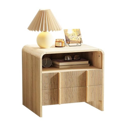 AMERLIFE Fluted Night Stand with Storage Drawers, Modern Small Nightstand & Bedside Table with Open Shelf, Curved Profile Design & Pine Handles, Wood End Table for Bedroom, Oak - color: Oak