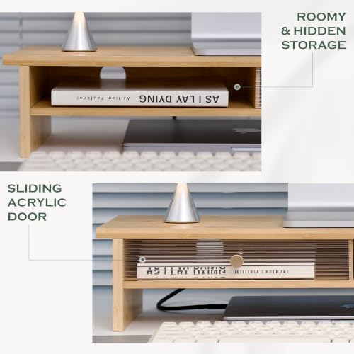 Bamboo Monitor Stand with Acrylic Sliding Door, Monitor Riser with Storage and Cable Management, Wood Desk Shelf for Home Office, Laptop and Printer