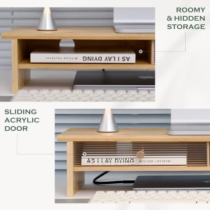 Bamboo Monitor Stand with Acrylic Sliding Door, Monitor Riser with Storage and Cable Management, Wood Desk Shelf for Home Office, Laptop and Printer