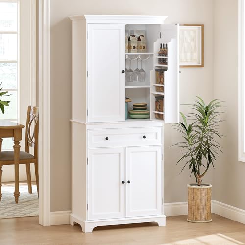 Spirich 71-Inch Tall Kitchen Pantry Cabinet with 2 Slide-Out Racks, White | Large Center Drawer, 6 Built-In Door Shelves, Stemware Rack, 1 Adjustable Shelf, Water-Based Finish, FSC-Certified Wood