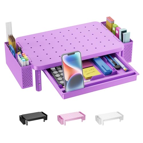WALI Computer Monitor Stand with Storage, Desk Organizer with Drawer and Pen Holder, Desk Monitor Riser 3 Height Adjustable, Laptop Riser for Laptop, Printer (PTT003-V), 1 Pack, Violet - color: Violet, size: 14.6"L * 9.3"W,11" 1 Drawer, 2 Pen Holder