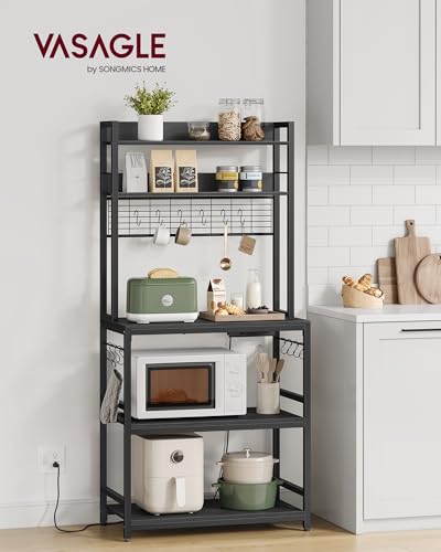 VASAGLE Bakers Rack with Power Outlet, Microwave Stand, Kitchen Tall Utility Storage Shelf, with Metal Wire Panel, 14 Hooks, 15.7 x 31.5 x 66.9 Inches, Charcoal Gray and Ink Black UKKS025B22 - color: Charcoal Gray + Ink Black, size: 31.5"W