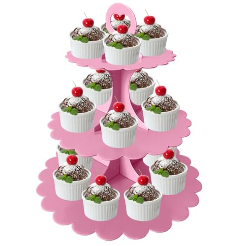 3-Tier Pink Cupcake Stand, Heart Handle Dessert Display Tower, Perfect for Girl Birthday Baby Shower Small Parties, Easy Assembly (1-Pack) ﻿ - color: Pink 1 Pack