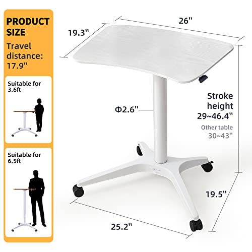 47" Mobile Standing Desk(26" W*19.3" D), Adjustable Height Laptop Desk, Pneumatic Desk with Gas Spring Riser, Podium for Home, Office，Classroom，Medical, (29" to 46.9" H) (White)