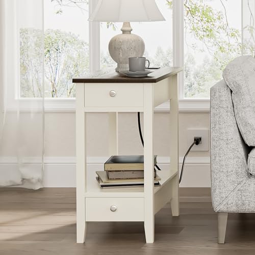 Treocho End Tables Living Room Set of 2 with Charging Station and 2 Drawers | Narrow Side Table with Ample Storage, Sofa Bedside Table for Small Spaces, Living Room, Bedroom, White & Brown - color: Brown/White