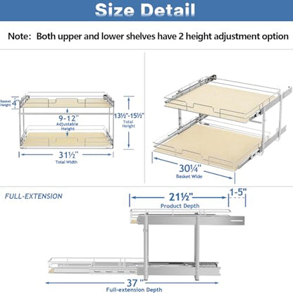 ROOMTEC 2 Tier Individual Pull Out Cabinet Organizer 31½"W x 21½"D, Slide Out Wood Shelves Organizers, Pull Out Drawers Organization and Storage for Kitchen Cabinet - size: 31½" W x 21½" D