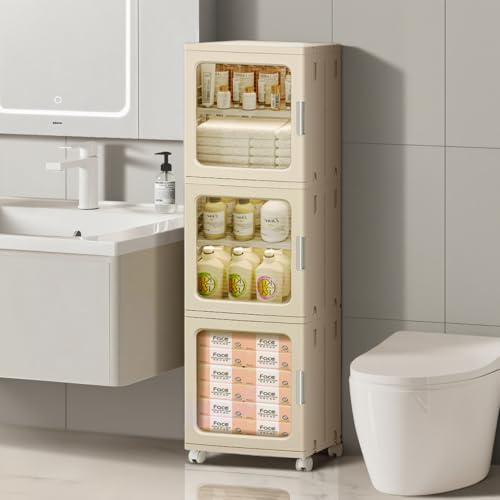 3-Tier Slim Bathroom Storage Cabinet for Small Space,Beige | Quick Assembly,Foldable,Plastic Organizers,Magnetic Doors,Adjustable Shelves,Narrow Storage Cabinet,Wheels - color: Beige, size: 11.42"D x 14.57"W x 49.61"H