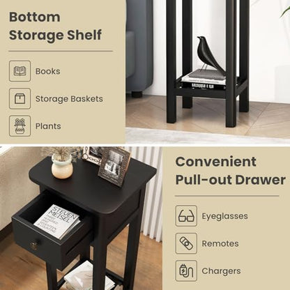 Giantex Narrow End Table with Drawer, Tall Acacia Wood Side Table with Bottom Shelf, Modern Bedside Tables, 2-Tier Nightstand for Small Spaces Bedroom Living Room, No Assemble Required, Black - color: Black