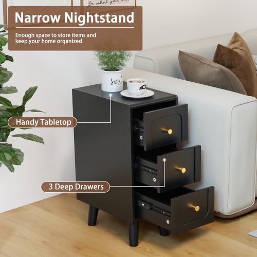 Narrow Nightstands with 3 Drawers, Wooden Farmhouse Bedside Tables, Slim End Tables with Storage, Small Night Stand for Bedroom, Living Room, Small Spaces - color: Black-3drawers-1pcs