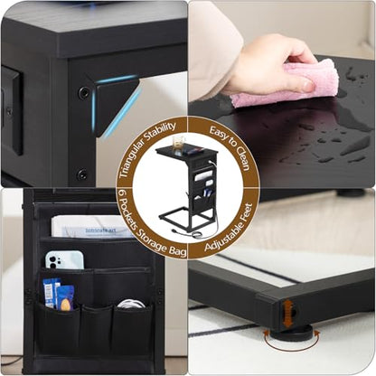 AMHANCIBLE C Shaped End Table with Charging Station, Couch Side Tables that Slide Under Sofa with Storage Bag, Slim TV Tray with USB Ports for Living Room, Bedroom, Black, HET04CBK - color: Black