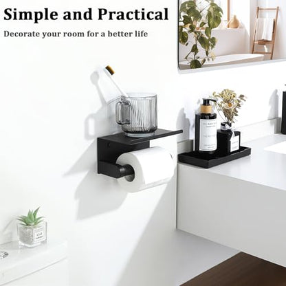 Alise Black Toilet Paper Holder,Bathroom Adhesive Toilet Paper Holder SUS304 Stainless Steel Toilet Paper Roll Holder with Shelf Spring Loaded Tissue Holder Wall Mount(Adhesive or Screw) - color: Matte Black, size: with Shelf