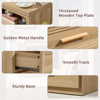 RWYHG 24'' Wide Farmhouse Night Stand with 2 Drawers,Wood Nightstand | Modern End Table Open Storage Shelf, Metal Handle, Mid-Century Bed Side Table for Bedroom, Living Room,Oak - color: Oak