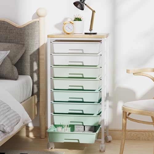 Rolling Cart with 8 Drawers, Storage Drawers Cart with Wooden Tabletop and Lockable Wheels, Craft Storage for Living Room, Office, Classroom, Craft Room, Bedroom - color: Green