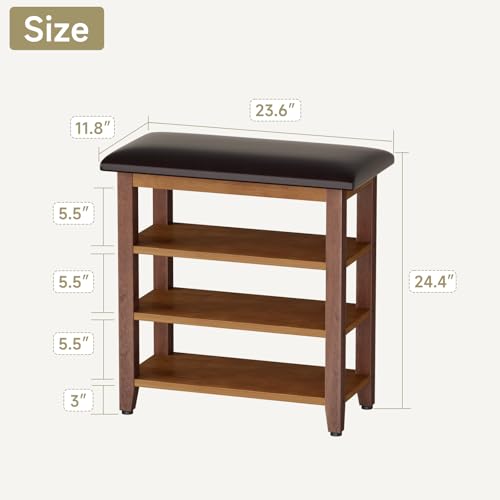 Shoe Bench with Leather Cushion,Rubberwood Bench with Shoe Rack | 3-Tier Shoe Storage Organizer for Entryway,Hallway,Living Room - size: 3-Tier-23.6"