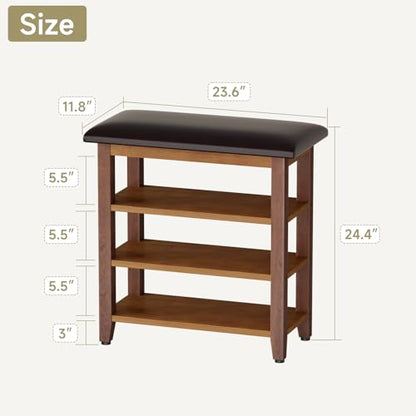 Shoe Bench with Leather Cushion,Rubberwood Bench with Shoe Rack | 3-Tier Shoe Storage Organizer for Entryway,Hallway,Living Room - size: 3-Tier-23.6"