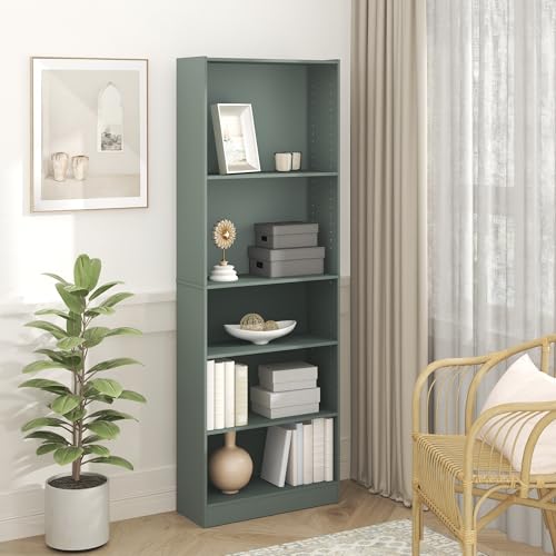 Furinno Jaya Book Shelf, 5-Tier Bookshelf, Bookcase with Adjustable Shelves, 9.5" x 24.5" x 71.2", for Organization and Storage, for Living Room, Bedroom, Home Office, Sage Green - color: Sage Green, size: 5-Tier, Adjustable Shelves