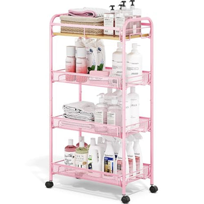 TOOLF 4-Tier Rolling Cart, Metal Utility Cart, Slide Out Storage Cart with Wooden Tabletop and Mesh Baskets, Easy Assemble Trolley for Kitchen Bathroom Laundry Room Bedroom Apartments Dormitory - size: Wide, style: Pink
