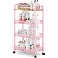 TOOLF 4-Tier Rolling Cart, Metal Utility Cart, Slide Out Storage Cart with Wooden Tabletop and Mesh Baskets, Easy Assemble Trolley for Kitchen Bathroom Laundry Room Bedroom Apartments Dormitory - size: Wide, style: Pink