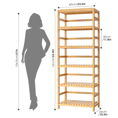 FOTOSOK 6-Tier Bamboo Shelf with Adjustable Shelves, Bamboo Kitchen Cabinet | Tall Bamboo Bookshelf and Plant Shelf with 250-lb Shelf Capacity for Laundry Bathroom Kitchen Pantry Home Office - color: Natural