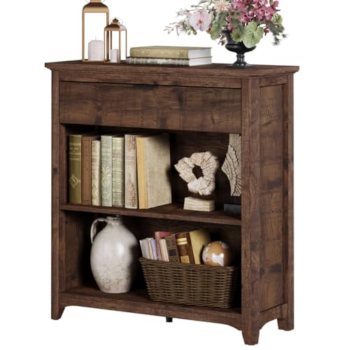 Rustic Bookshelf Bookcase, Wood Book Shelf with Drawer, 3 Tier Book case for Small Space, Low Book case for Living Room, Home Office, Bedroom (Rustic Oak) - color: Rustic Oak, size: With Drawer