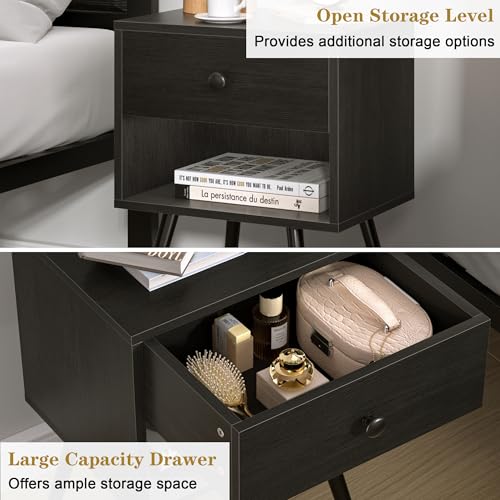 VECELO Nightstands Set of 2, Mid Century Modern End Bedside Table, Night Stand with Storage Drawer and 2 Tiers Open Shelf for Small Place, Bedroom, Living Room, Easy Assembly, Black - color: Black