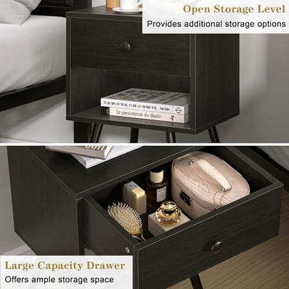 VECELO Nightstands Set of 2, Mid Century Modern End Bedside Table, Night Stand with Storage Drawer and 2 Tiers Open Shelf for Small Place, Bedroom, Living Room, Easy Assembly, Black - color: Black