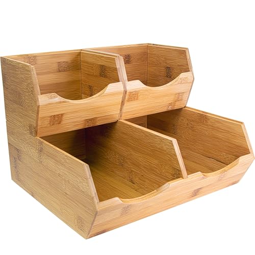 HOMESTEAD Bamboo Pantry Storage Bins – Stackable Potato & Onion Storage Bin for Kitchen Countertop, Pantry Organizer, Fruit Vegetable Basket, Multiuse - Set of 3 Slide-Out Access