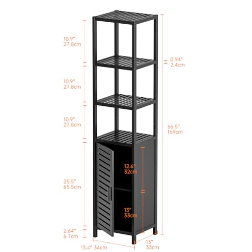 HITNET Bathroom Cabinet Freestanding, Tall Slim Bamboo Storage Cabinet with Single Door and Open Shelves, Space Saving Kitchen Cupboard Organizer, Black - color: Black