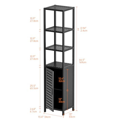 HITNET Bathroom Cabinet Freestanding, Tall Slim Bamboo Storage Cabinet with Single Door and Open Shelves, Space Saving Kitchen Cupboard Organizer, Black - color: Black
