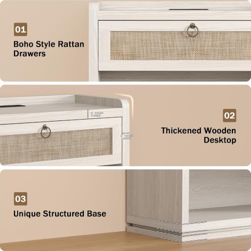 31" Wide Rattan Nightstand with Charging Station, End Side Table | Drawer & Open Shelf, Extra Large Night Stand, Farmhouse, Boho, Wood Bedside Table for Bedroom,Living Room,Office - color: White Cream Oak