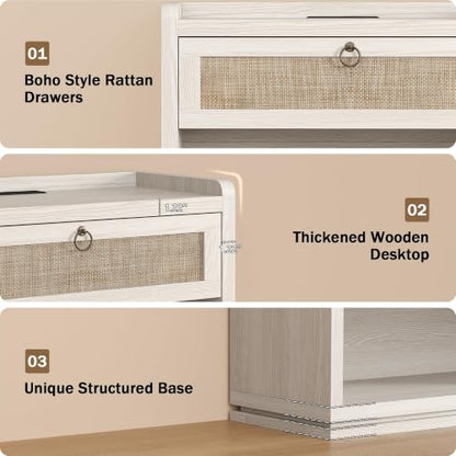31" Wide Rattan Nightstand with Charging Station, End Side Table | Drawer & Open Shelf, Extra Large Night Stand, Farmhouse, Boho, Wood Bedside Table for Bedroom,Living Room,Office - color: White Cream Oak