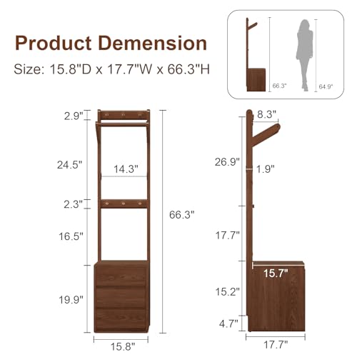 Solid Wood Coat Rack Freestanding,Standing Coat Rack with 3 drawers,Clothing Racks for Hanging Clothes,Narrow Hall Tree with Storage,Walnut Nightstand with 6 Coat Hooks for Bedroom Entryway Corner - size: 3 drawers