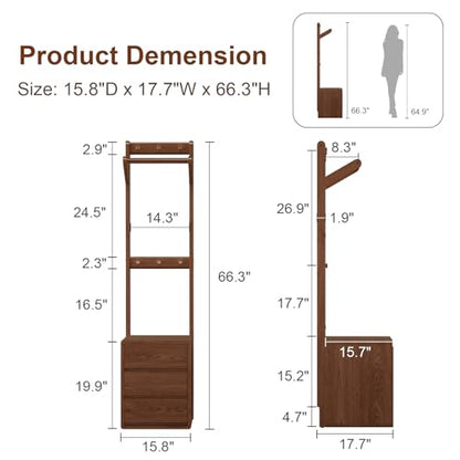 Solid Wood Coat Rack Freestanding,Standing Coat Rack with 3 drawers,Clothing Racks for Hanging Clothes,Narrow Hall Tree with Storage,Walnut Nightstand with 6 Coat Hooks for Bedroom Entryway Corner - size: 3 drawers