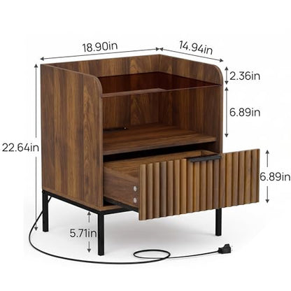 HQZX Mid Century Modern Nightstand with Charging Station, Fluted Night Stand, Bedside Table with Glass Top & Metal Legs, Wood End Table for Bedroom, Living Room (Walnut)