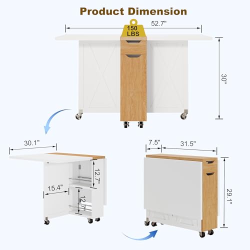 Folding Dining Table with 6 Wheels, Drop Leaf Tables for Small Spaces, Foldable Dining Table with 2-Layer Storage Rack, Kitchen Table with Drawer (White and Oak) - color: White
