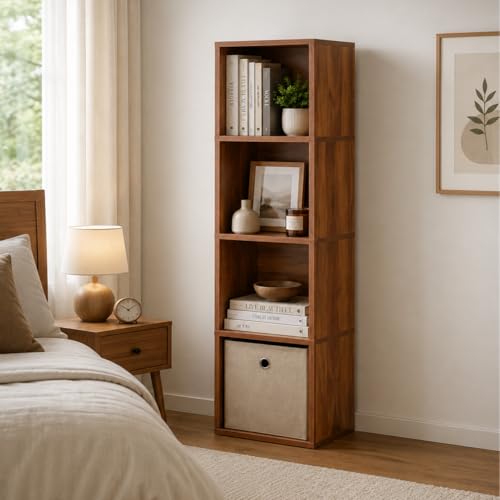 4 Cube Storage Organizer Wooden Bookshelf, 4 Cube Shelf Bookcase, Small Bookshelf Storage Organizer, 4 Cube Storage Shelf for Bedroom, Small Bookshelf for Living Room and Office (Natural) - color: Brown, size: 4 Cube