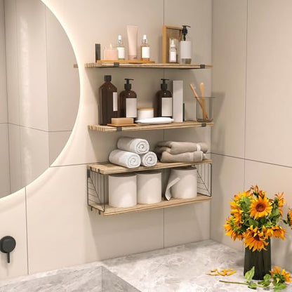Fixwal 3+1 Tier Bathroom Floating Shelves Over Toilet, Light Brown | Rustic Wood Shelf Set with Toilet Paper Storage Basket, Natural Finish, 40Lb Weight Limit, Quick Mount, Versatile - color: Rustic Brown