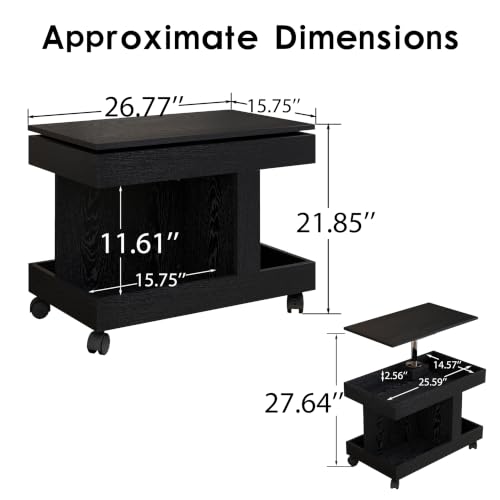 Multifunctional End Table with Wheels and 360° Rotating Desktop | Rolling Design, Storage Compartment, Sofa Side Narrow Table, Bedside Use, Living Room & Bedroom - color: Black-7.15