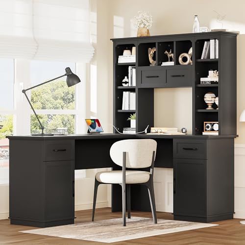 L-Shaped Home Executive Desk with 2 Cabinets and 2 Drawers, Computer Desk with Power Outlet, 11 Open Shelves and 1 Right Flip Shelf with Storage for Study, Living Room and Office (Black-02) - color: Black-02