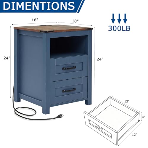 Farmhouse Night Stand Set of 2, Rustic Blue Nightstand for Bedroom, End Tables with Charging Station, Bedside Table with Drawers, Wood Bedside Cabinet Dresser - color: Blue, size: 2pcs with Charging