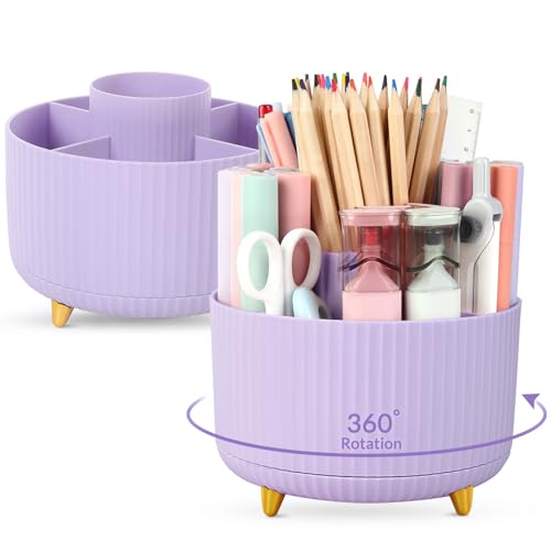 SKYDUE 2 Pack Pen Holder, 360 Degree Rotating Pencil Holder for Desk Organizer, Rotating Desktop Pen Organizer with 5 Slots, Office Supplies, Pencil Cup for Office, School, Home - color: Purple_2Pack