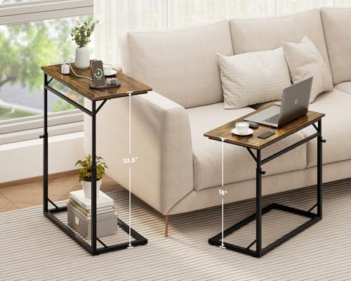 Vagusicc C Shaped End Table with Charging Station, Large C-Table End Table Adjustable Height Side Table for Couch, Couch Table Slide Under Sofa Table TV Tray Table for Sofa, Living Room, Bedroom,Brown - color: Rustic Brown, style: With Plug