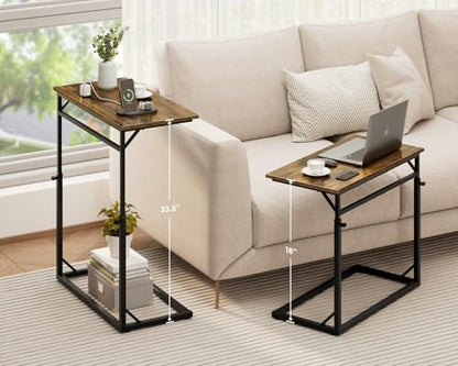 Vagusicc C Shaped End Table with Charging Station, Large C-Table End Table Adjustable Height Side Table for Couch, Couch Table Slide Under Sofa Table TV Tray Table for Sofa, Living Room, Bedroom,Brown - color: Rustic Brown, style: With Plug