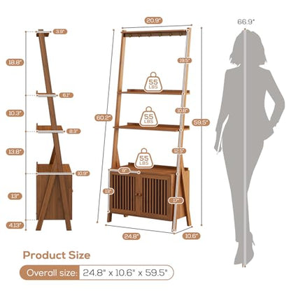 Bookcase with Drawers, 4-Tier Bamboo Bookshelf Ladder Shelf with 6 Hooks, Tall Narrow Retro Book Shelf, 24.8"L x 10.6"W x 59.5"H, Standing Storage Organizer for Living Room, Office, Bedroom, Walnut - color: 4-tier Walnut