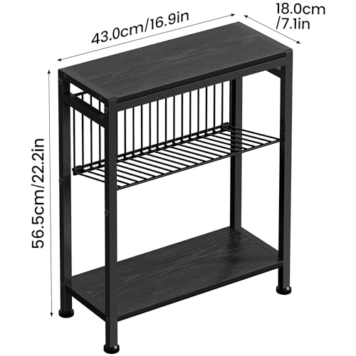 Side Table for Small Spaces, Narrow End Table with Adjustable V-Shaped Magazine Rack, 7.1"D x 17"W x 21.7"H, Black - color: Black, size: 1-pcs