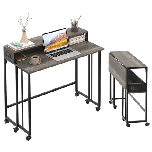 Gezen Folding Desk with Storage Shelf, Small Rolling Desk with Wheels, Mobile Sofa Side Table for Home Office Small Space, Dark Grey, 31.5" - color: Dark Grey, size: 31 inches
